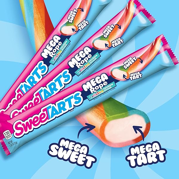 SWEETARTS MEGA FILLED ROPES CANDY, TWISTED RAINBOW PUNCH, SWEET AND TART, 1.32 OZ (PACK OF 24)