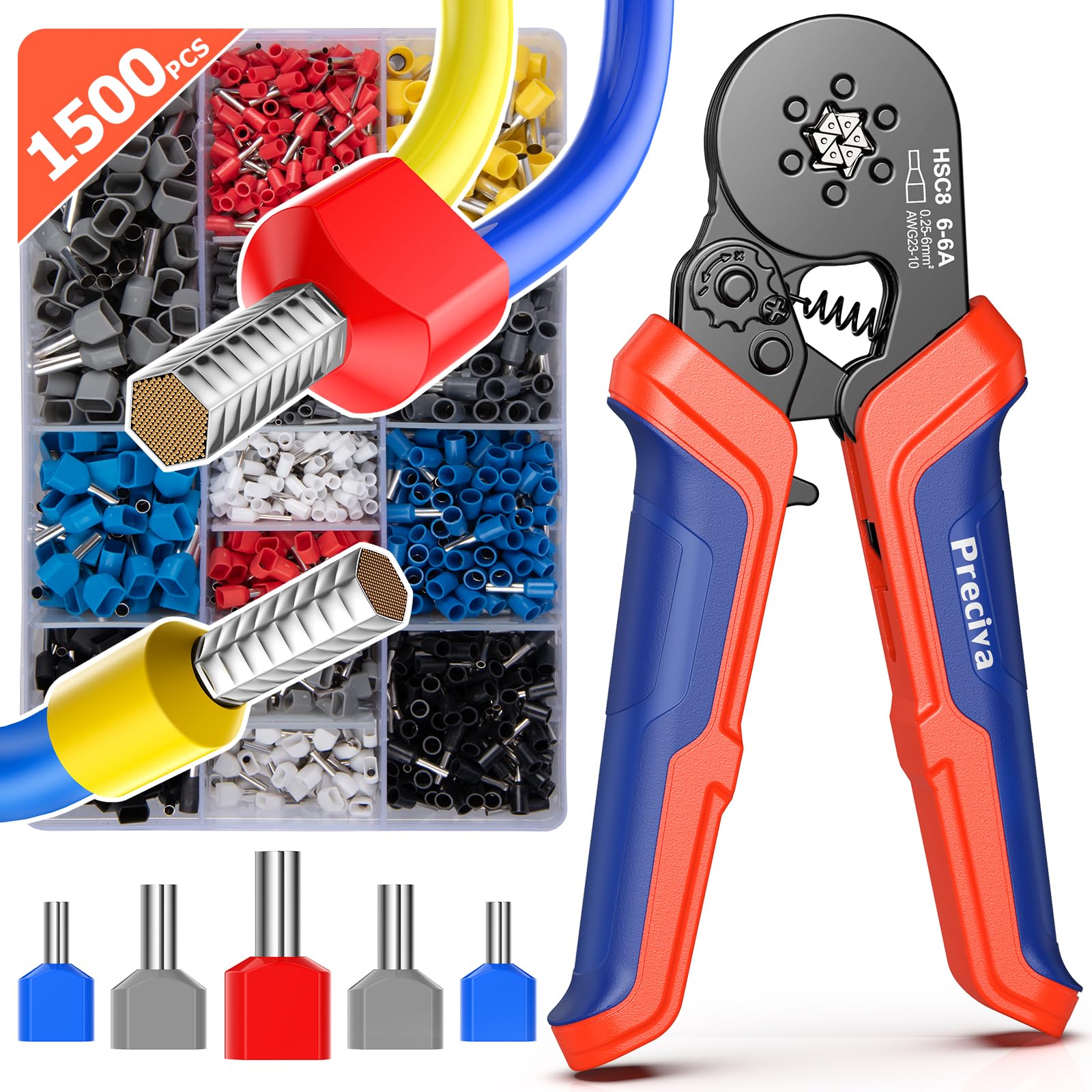 Dual Bootlace Ferrule Crimping Tool, 0.25-6mm² Hexagonal Crimping Tools, Preciva Self-Adjsutable Ratchet Crimping Tool, 1500pcs Terminals
