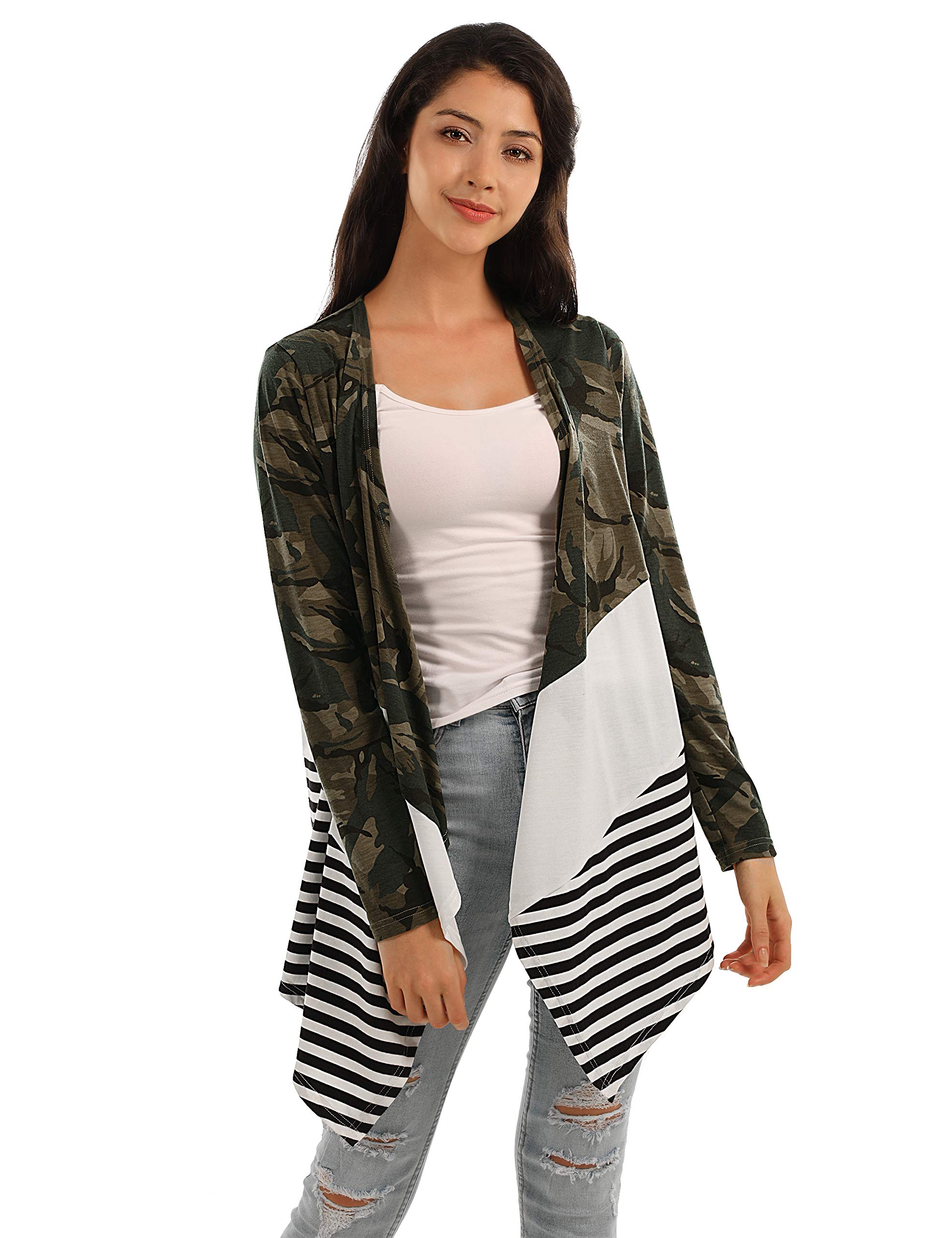 Blooming Jelly Womens Colorblock Cardigan Camo Striped Drape Front Outwear(S,Camo)