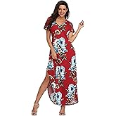 Women's Maxi Dresses Short Sleeve Floral Solid Summer Beach Dress Casual Loose V Neck Side Split Long Dress with Pockets
