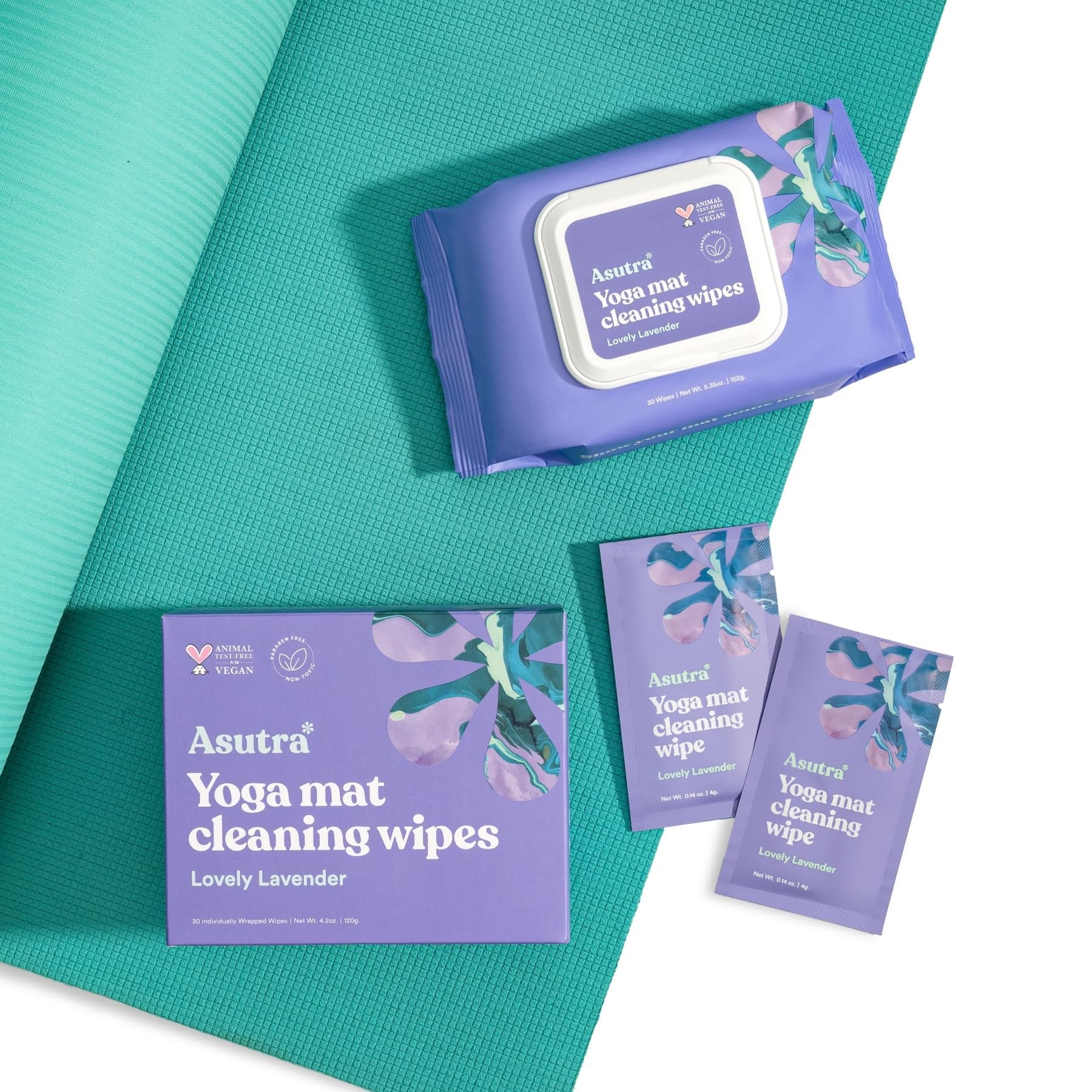 ASUTRA Yoga Mat Cleaning Wipes (Lovely Lavender), 1 Pouch (30 Wipes) - No Slippery Residue, Deep-Cleansing for Fitness Gear & Gym Equipment