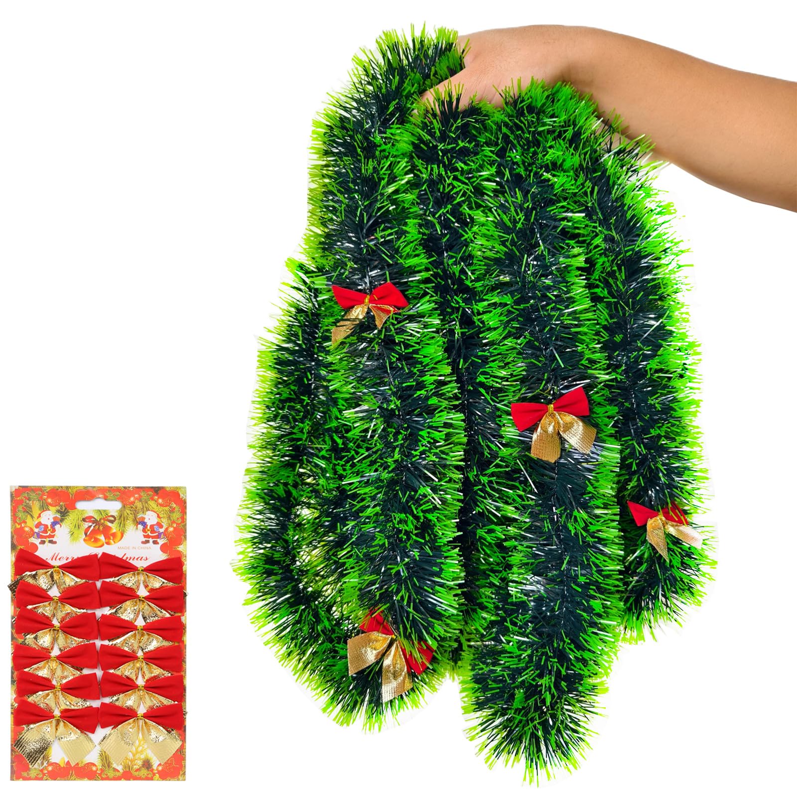 AMLOOPH Green Tinsel Christmas Decorations, 10m Thick Christmas Tinsel Garland For Christmas Tree Decorations, Metallic Light Green-Edged Christmas Garland Tinsel And Bows For Stairs Tree Decorations
