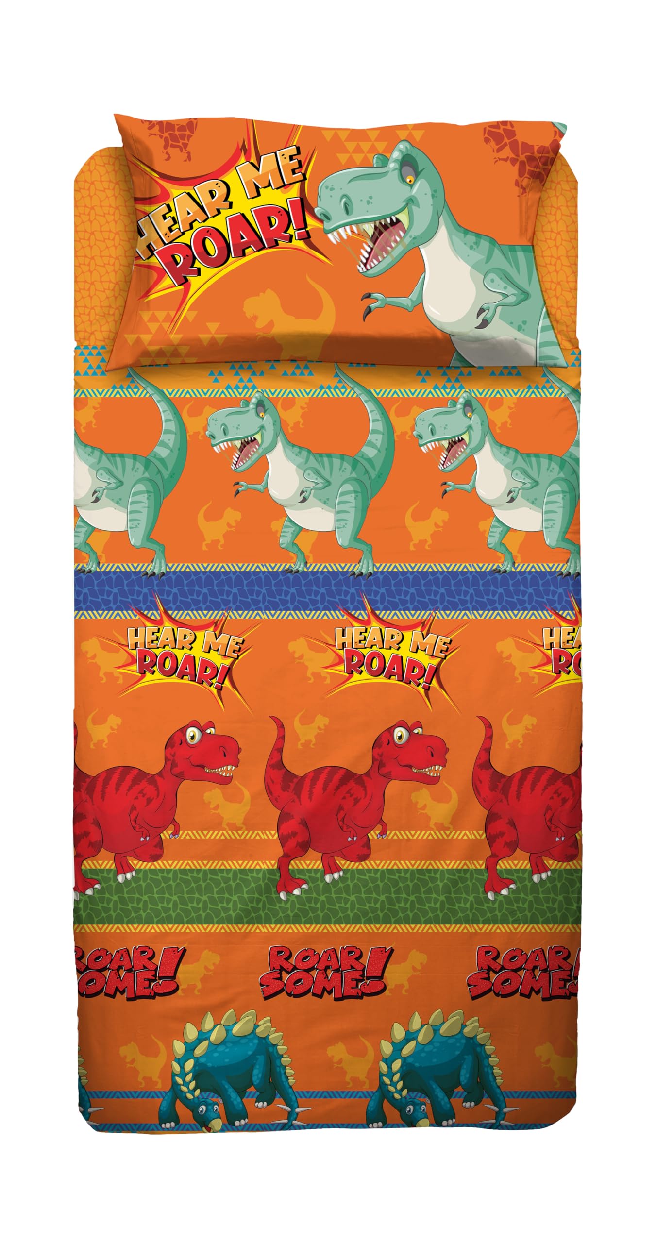 hermet Dinosaurs, Single Bed Sheet Set, Single Bedroom, Complete Bed Sheet, Fitted Sheet, Pillowcase, 100% Cotton, Orange