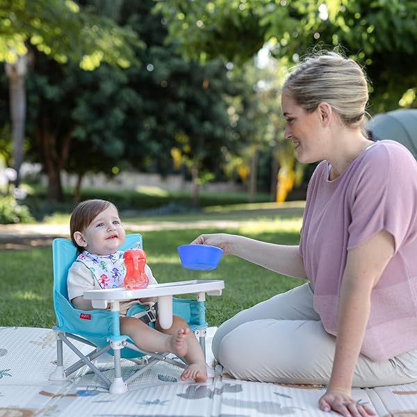NUBY POP-UP BOOSTER SEAT WITH REMOVABLE TRAY – 6+ MONTHS – PORTABLE BOOSTER SEAT FOR FLOOR FOR INDOOR/OUTDOOR USE – 3-POINT SAFETY ADJUSTABLE STRAPS – SUMMER TRAVEL ESSENTIALS – STRIPES
