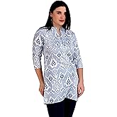 ladyline Womens Rayon Printed Short Tunic Top Shirt Stand Collar Pintucks Button Kurti kurta Blouse