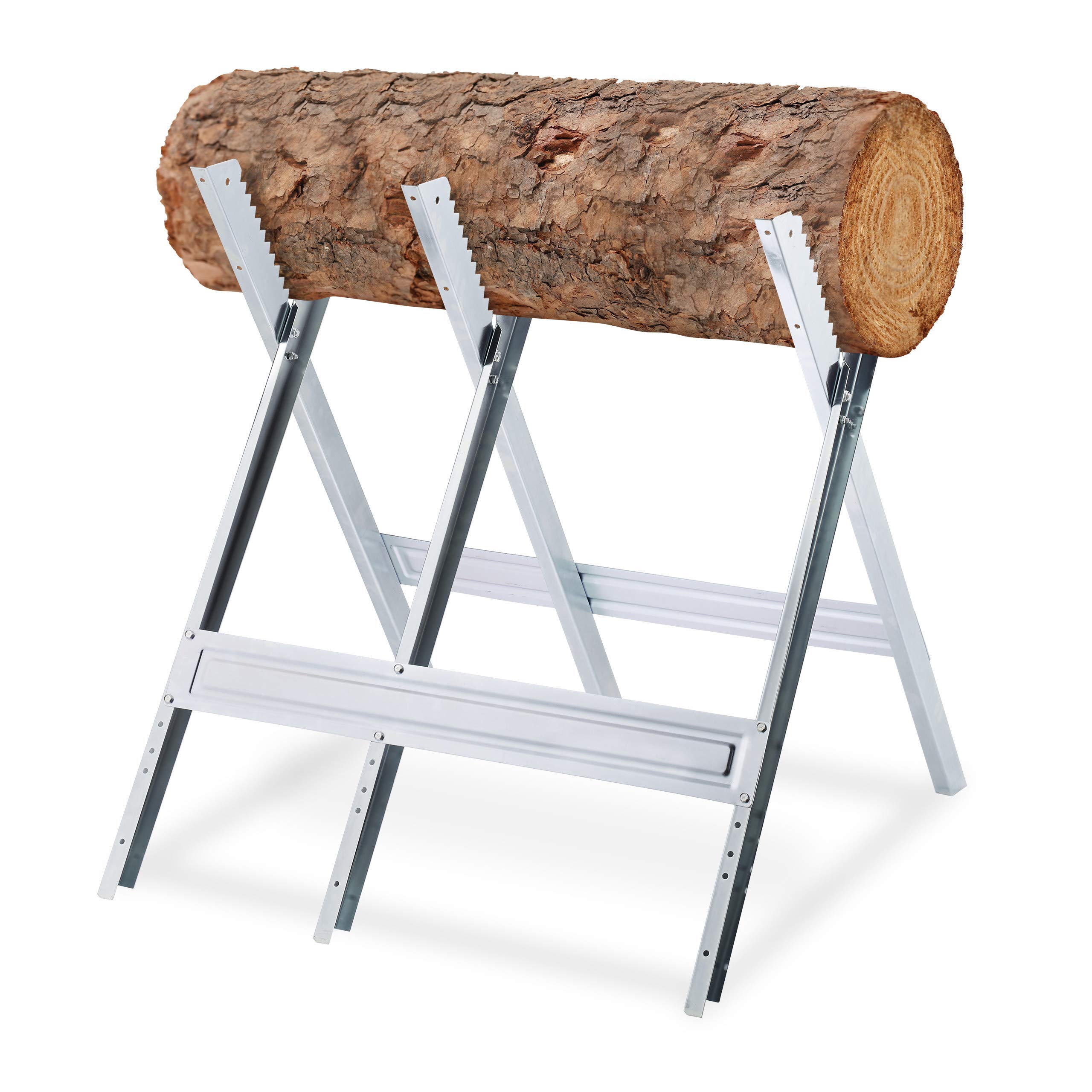 Relaxdays Sawhorse, Wood Sawing, 150 kg, Work Bench Chainsaws, Firewood, Sturdy Steel, HxWxD 81 x 75.5 x 81 cm, Silver