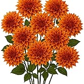 Giegxin 10 Pcs Orange Artificial Dahlia Flowers Fall Fake Flowers with Long Stem 24 Inch Autumn Faux Silk Dahlia Bouquets for DIY Wedding Party Centerpieces Home Decor