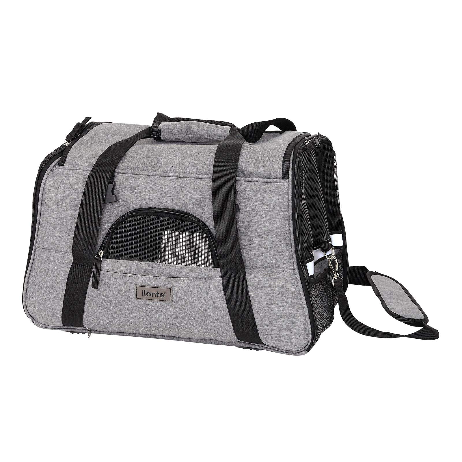 lionto Foldable dog transport box with carrying handles & shoulder strap, 49x27x31 cm, made of robust Oxford fabric & mesh, cat transport box with soft cushion for on the plane, grey
