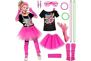 Latocos 14 Pcs 80s Costume Accessories T-Shirt Tutu Skirt Outfits Halloween Cosplay 1980s Theme Retro Party Girls