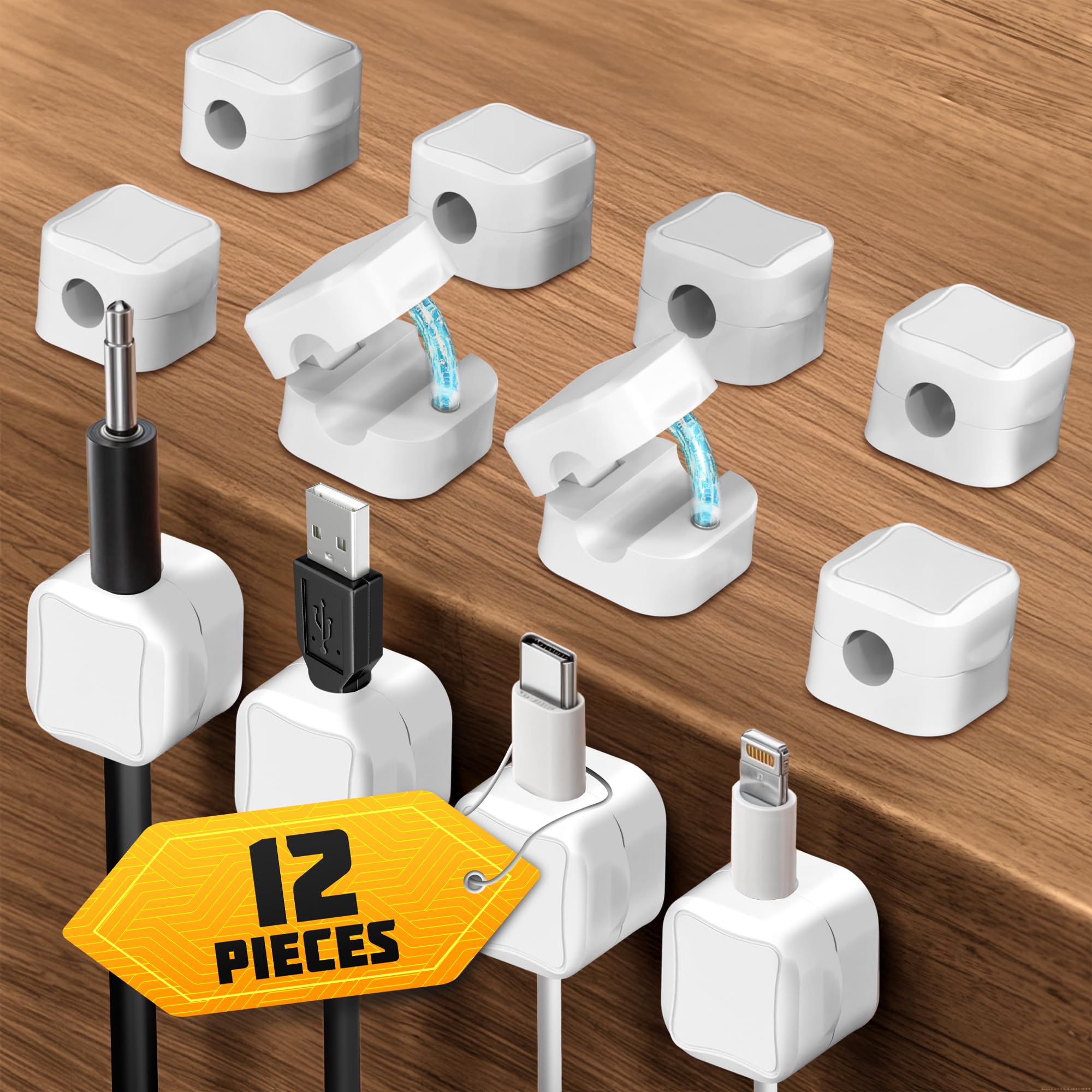Photo 1 of 12 Pack Magnetic Cable Clips White with Adhesive Pad – Magnetic Cord Holder for Nightstand, Cord Organizer for Desk – White Cable Management Clips, Wide Compatibility for Tidy & Clutter-Free Spaces