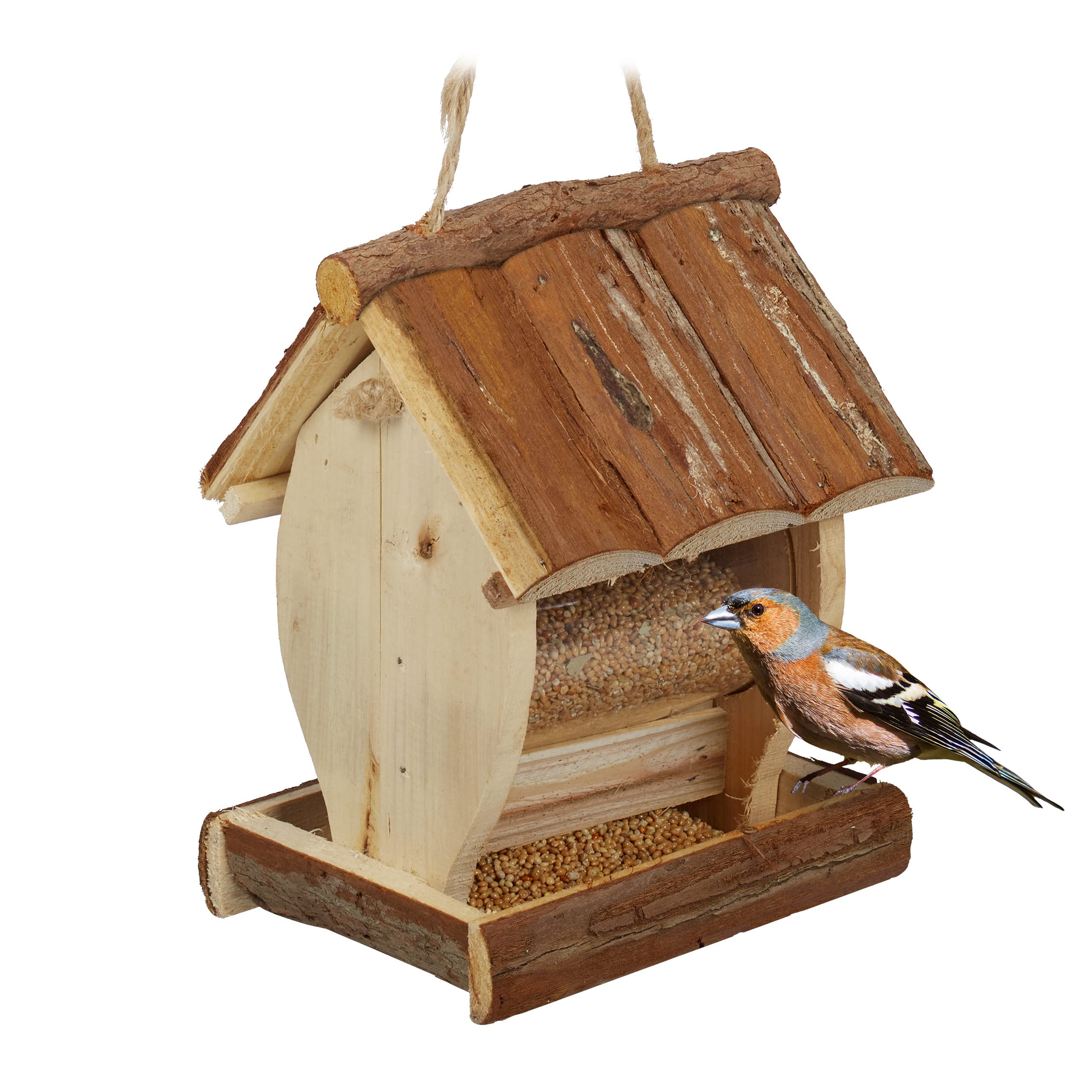Relaxdays Bird Feeder, Feeding Station, Hang or Place on Surface, H x W x D: 20 x 15.5 x 13 cm, Wood, Natural