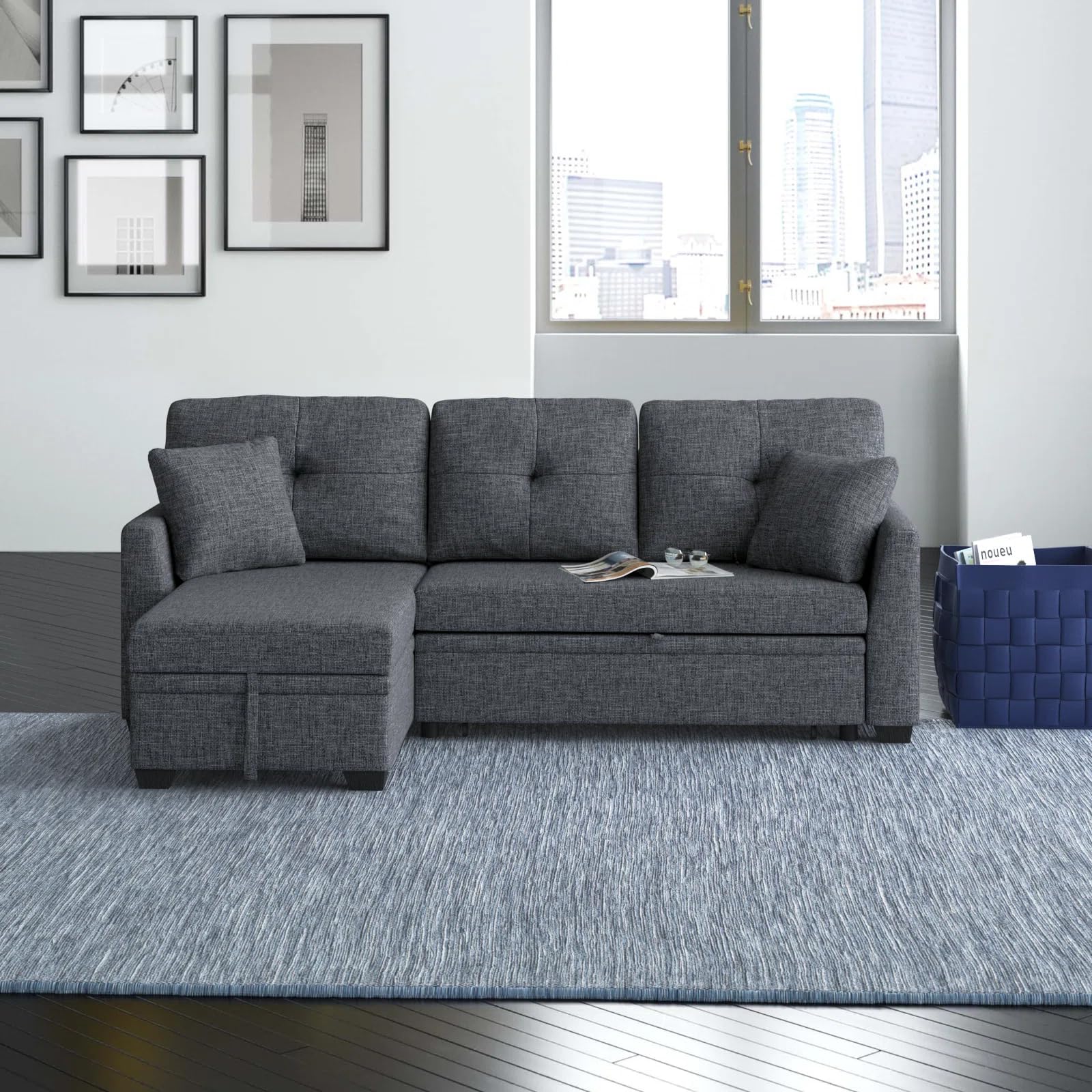 Photo 1 of (Only box 2 of 3 boxes) Eafurn 83 inch Reversible Sectional Sleeper Sofa Pull Out Couch Bed w/Storage Chaise Lounge, L Shaped Convertible Corner Pullout Sofabed w/ 2 Pillows and Tufted Backrest for Living Room Office