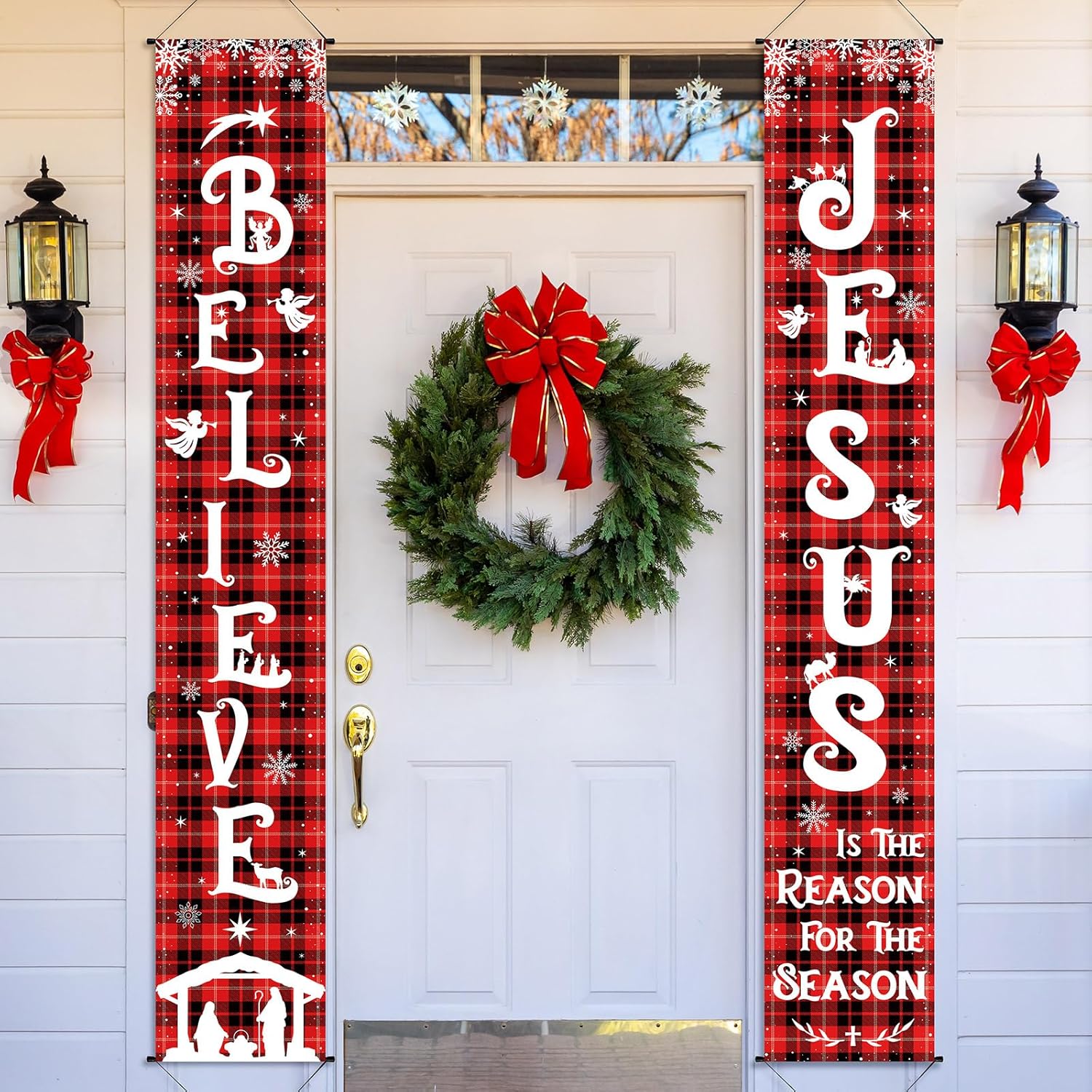 Yard Signs - Christmas Front Porch Banners Religious Nativity Scene Sign Holiday Hanging Banner Xmas Decoration for Front Door Believe Jesus Is the Reason for the Season 12 x 71 Inch (Plaid)