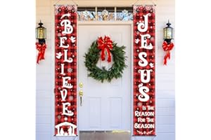 Tiamon Christmas Front Porch Banners Winter Religious Nativity Scene Sign Holiday Hanging Banner Xmas Decoration for Front Door Believe Jesus Is the Reason for the Season 12 x 71 Inch (Buffalo Plaid)