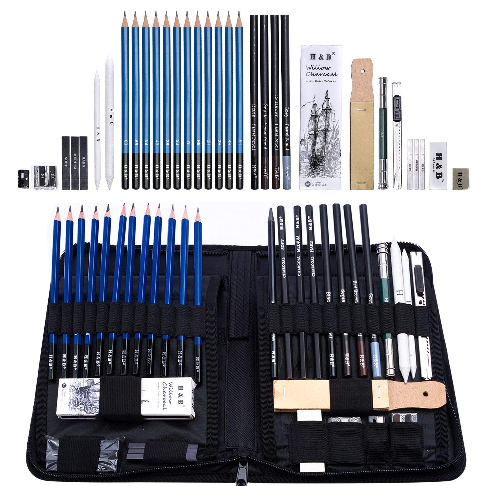 H & B Sketching Pencils Set, 40Piece Drawing Pencils and Sketch Kit