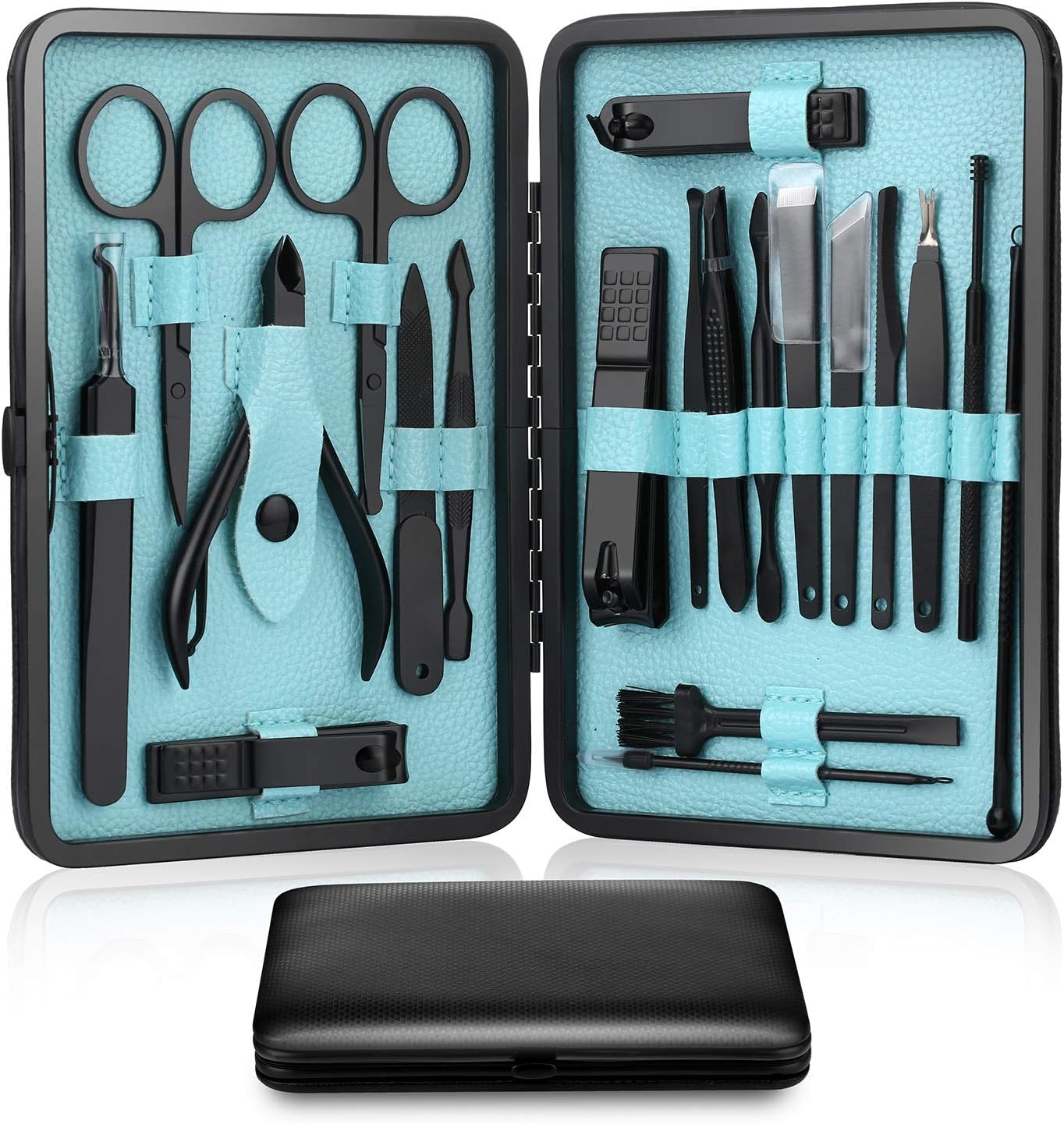 Manicure Set Pedicure Care Tools 20 in 1 Grooming Kit Blue Stainless Steel Nail Scissors Nail File Ear Pick Tweezers Nose Hair Scissors with Black PU Leather Portable stylish case