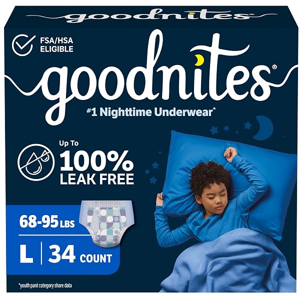 GOODNITES BOYS’ NIGHTTIME BEDWETTING UNDERWEAR, SIZE LARGE (68-95...