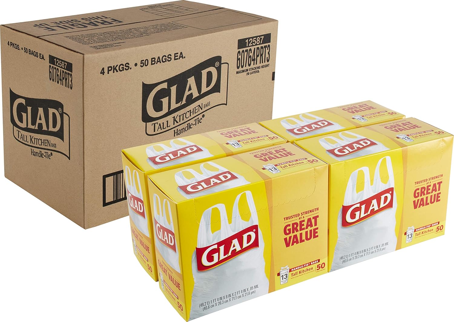 Glad Tall Kitchen HandleTie Trash Bags, 13 Gallon, 50 Count (Pack of 4