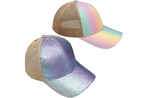 YeeHeen Baseball Cap for Girls Criss Cross Ponytail Baseball Hats Rainbow Glitter Sun Cap