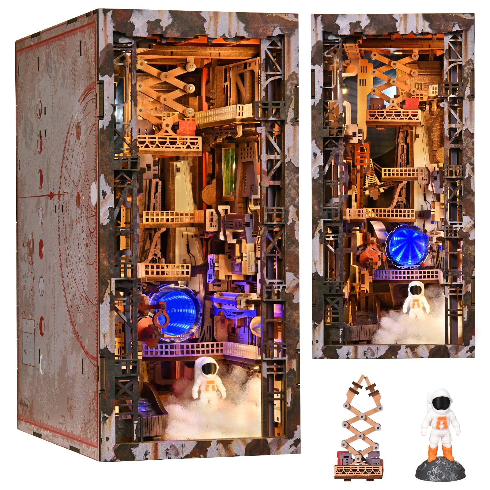 MiniCity DIY 3D Wooden Puzzle Book Nook Bookshelf Insert Decor with LED Light and Dust Cover for Teens and Adults(Aerospace Foundry) — image 1