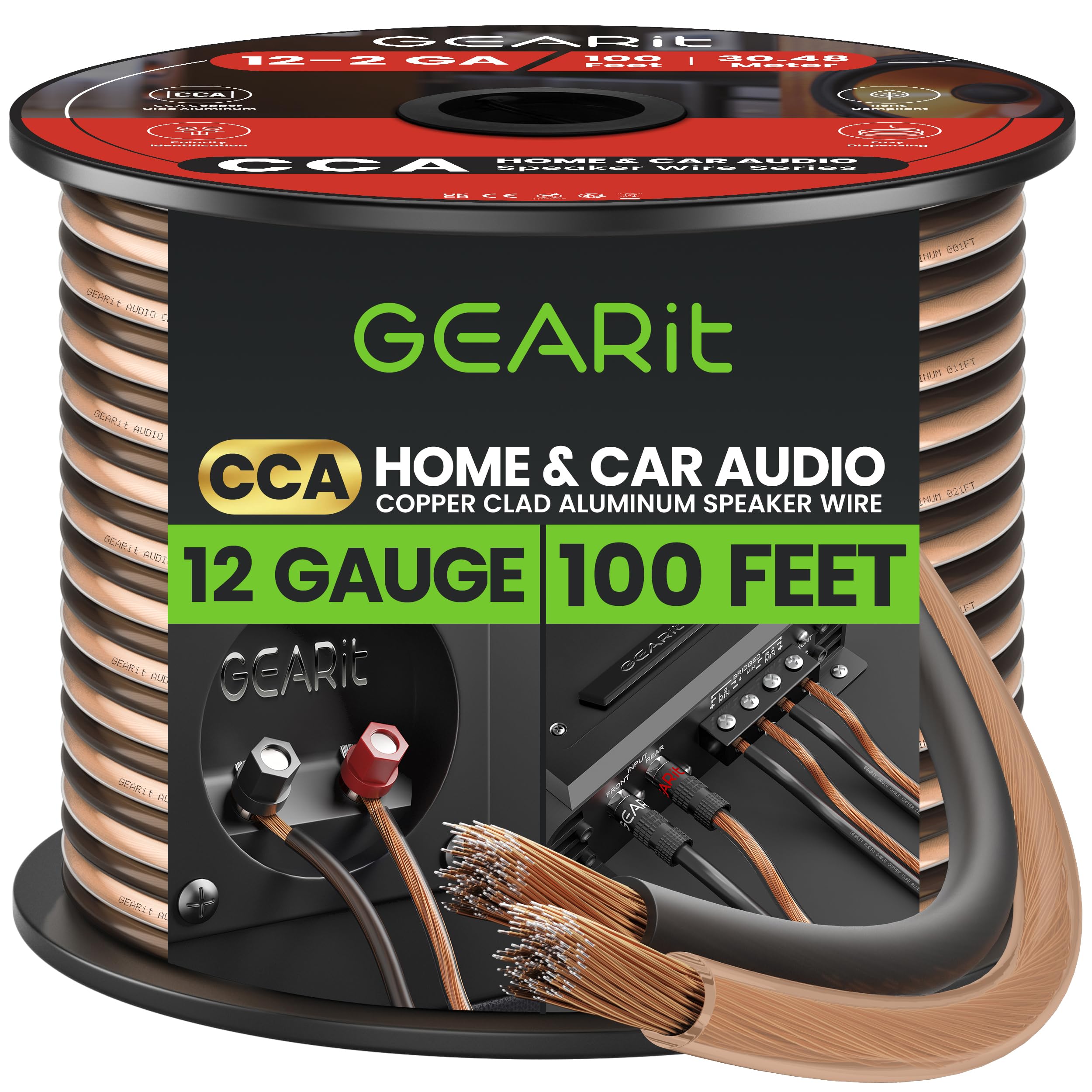 GearIT Pro Series 12 Gauge (2 x 4mm²) Speaker Wire Cable (30.4 Meters / 100 Feet/Black Clear) CCA Hifi Audio Speaker Cable Great Use for Car Audio and Home Theater Surround Sound Systems — image 1
