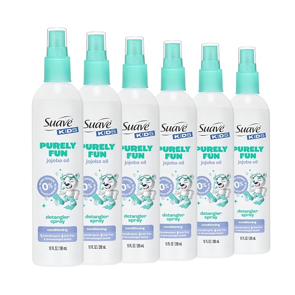 SUAVE KIDS PURELY FUN HAIR DETANGLER SPRAY WITH JOJOBA OIL, TEAR-FREE, TANGLE-FREE SHINE FOR SOFT, MANAGEABLE HAIR, HYPOALLERGENIC, 6 COUNT, 10 FL OZ