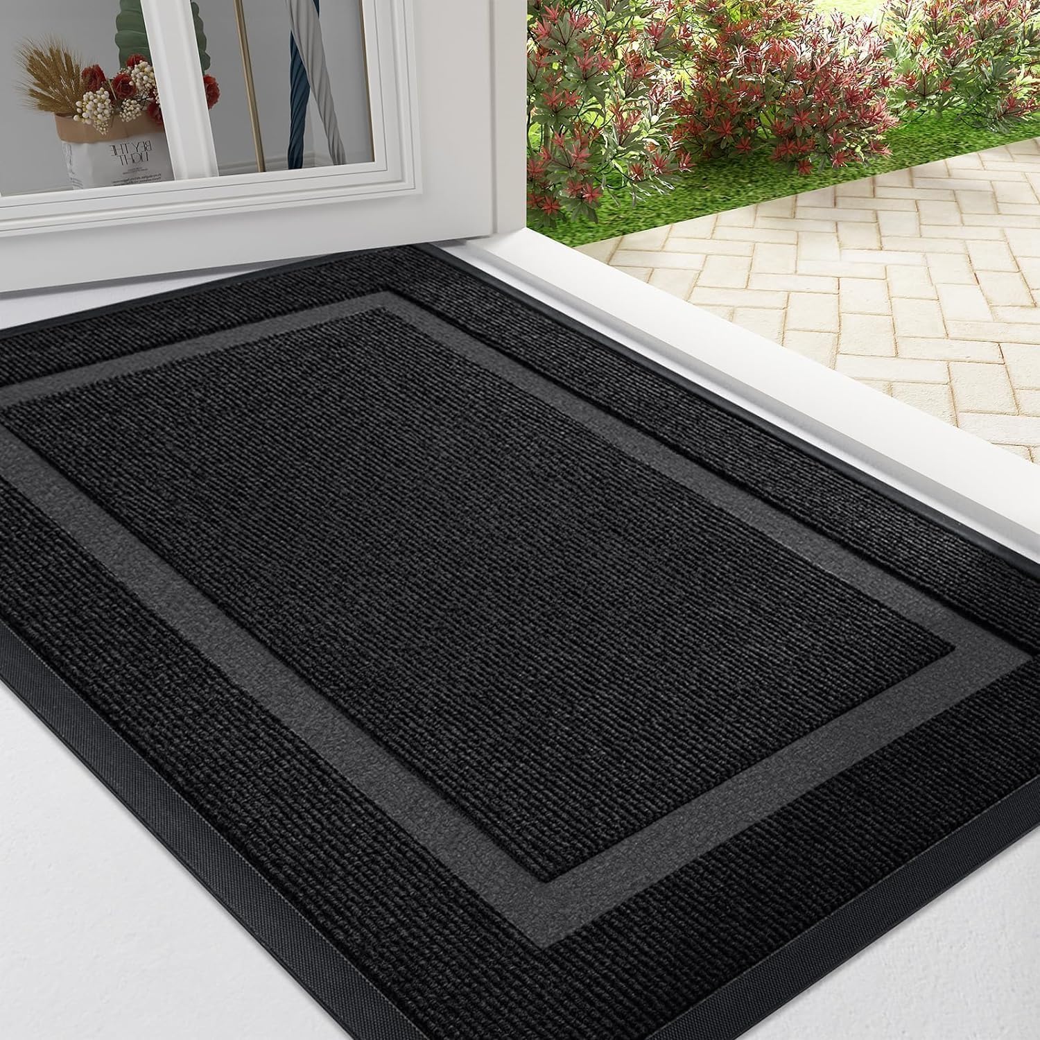 Homaxy Door Mat, Rubber Backed Non Slip Door Matts Indoor, Dirt Trapper Absorbent Mats, Washable Front Doormat Outdoor, Heavy Duty Floor Mat for Entrance, Kitchen and Garden, 43 x 76 cm, Black