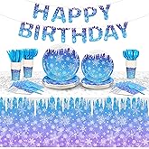 171 Pcs Winter Snowflake Birthday Party Supplies Winter Paper Plates and Napkins Disposable Snowflake Tableware Set Blue Purple Plates Napkins Icicle Tablecloths for Christmas Birthday Party
