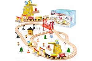SYNCFUN 60PCS Wooden Train Set - Toy Magnetic Trains with Wooden Track Set for Kids Ages 3-8, Construction Crane Railway Set, Perfect Christmas Birthday Gift for Grandkids Toddlers Boys Girls