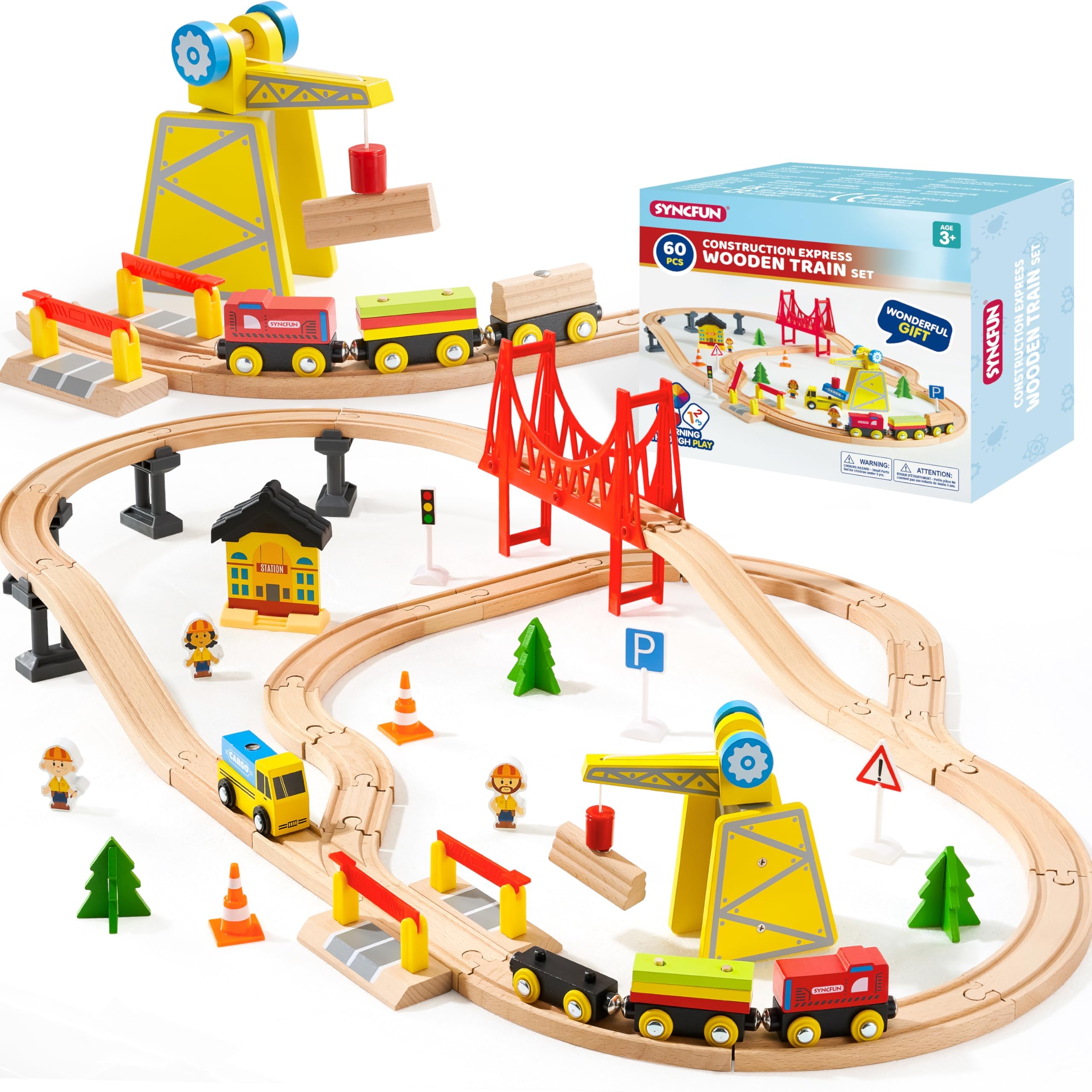 Photo 1 of 60PCS Wooden Train Set - Construction Express, Engineering Railway with Magnetic Crane, Trains & Accessories, Perfect Christmas Birthday Party Toy Gift for Kids Toddlers Boys Girls Ages 2-8