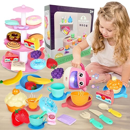 SA Products Kids Tea Set U2013 47-Piece Afternoon Tea Set For Girls Or Boys Picnic Set With Pretend Cups Doughnuts Cookies Biscuits Birthday Christmas Gift For Children 3 To 8 Years Old
