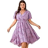 ShopWonder Women Plus Size Wrap V Neck Midi Dress Short Sleeves High Waist Irregular Hem Summer Casual Dress