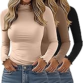 Velvelhall 3 Pack Women's Mock Turtleneck Tops Long Sleeve Lettuce Trim Shirts Ruffle Neck Slim Fit Casual Tight Layer(Black, Dark Coffee, Beige,Medium)
