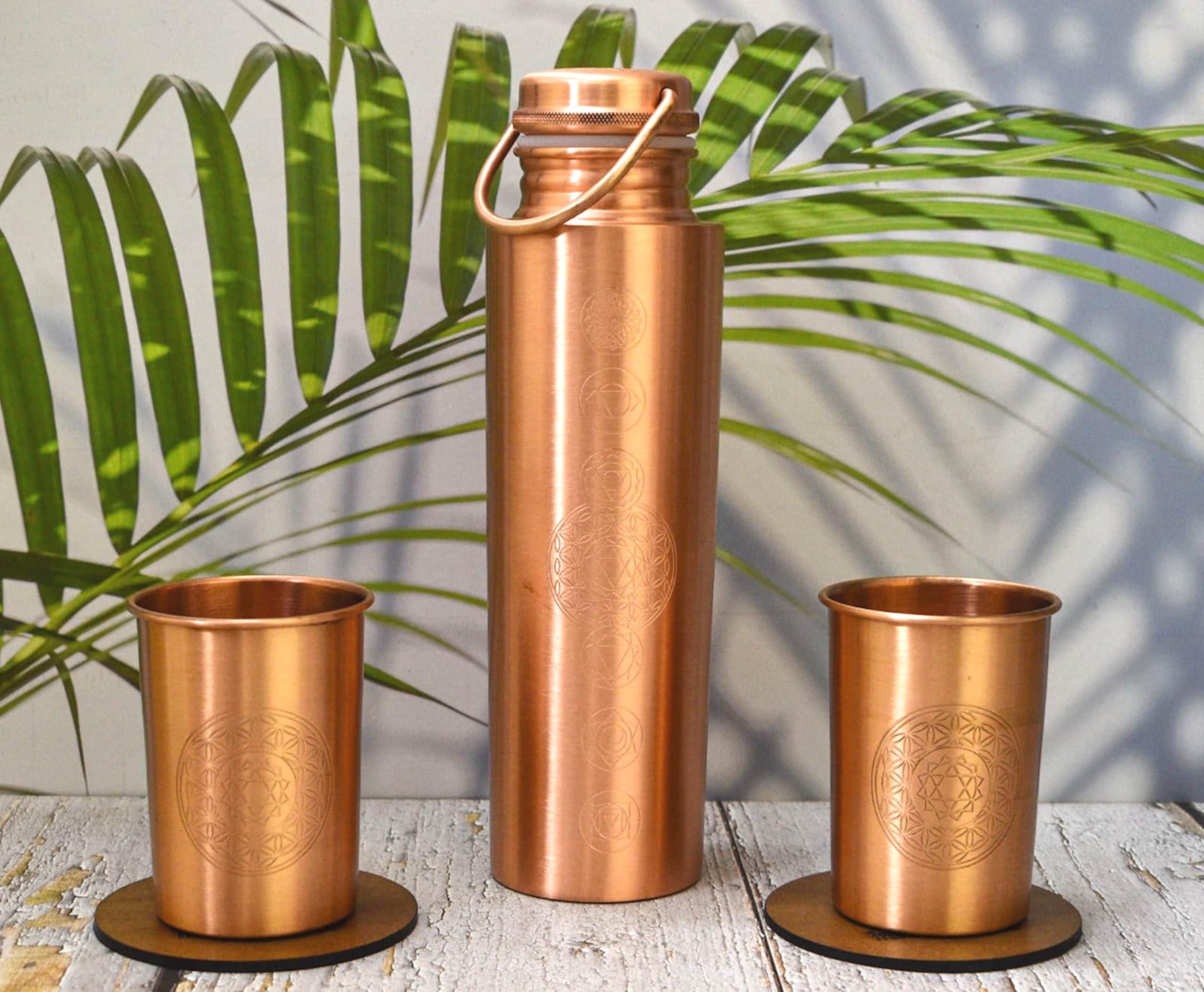 India House 100% Pure Copper 7 Chakra Bottle with Heart Chakra Crystal/Water Bottle/1000ml/Exercise/Meditation/Gym/Yoga from India (Two Free Wooden Coasters) (matt)