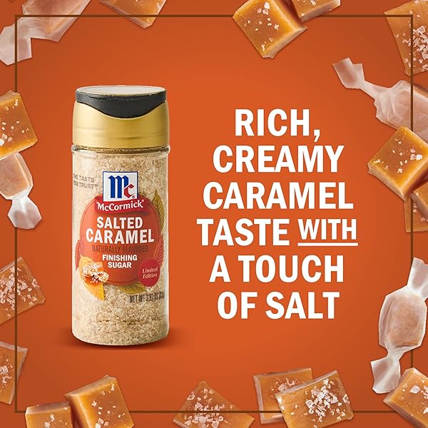 MCCORMICK FINISHING SUGAR, SALTED CARAMEL, RICH, CREAMY CARAMEL WITH A TOUCH OF SALT, ADD TO WARM BEVERAGES, SPRINKLE ON TREATS & SNACKS, NO COLORS FROM ARTIFICIAL SOURCES, 3.81 OZ