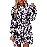 Dokotoo Casual Dresses for Women Flowy Boho Floral Long Sleeve Empire Waist Babydoll Mini Dress