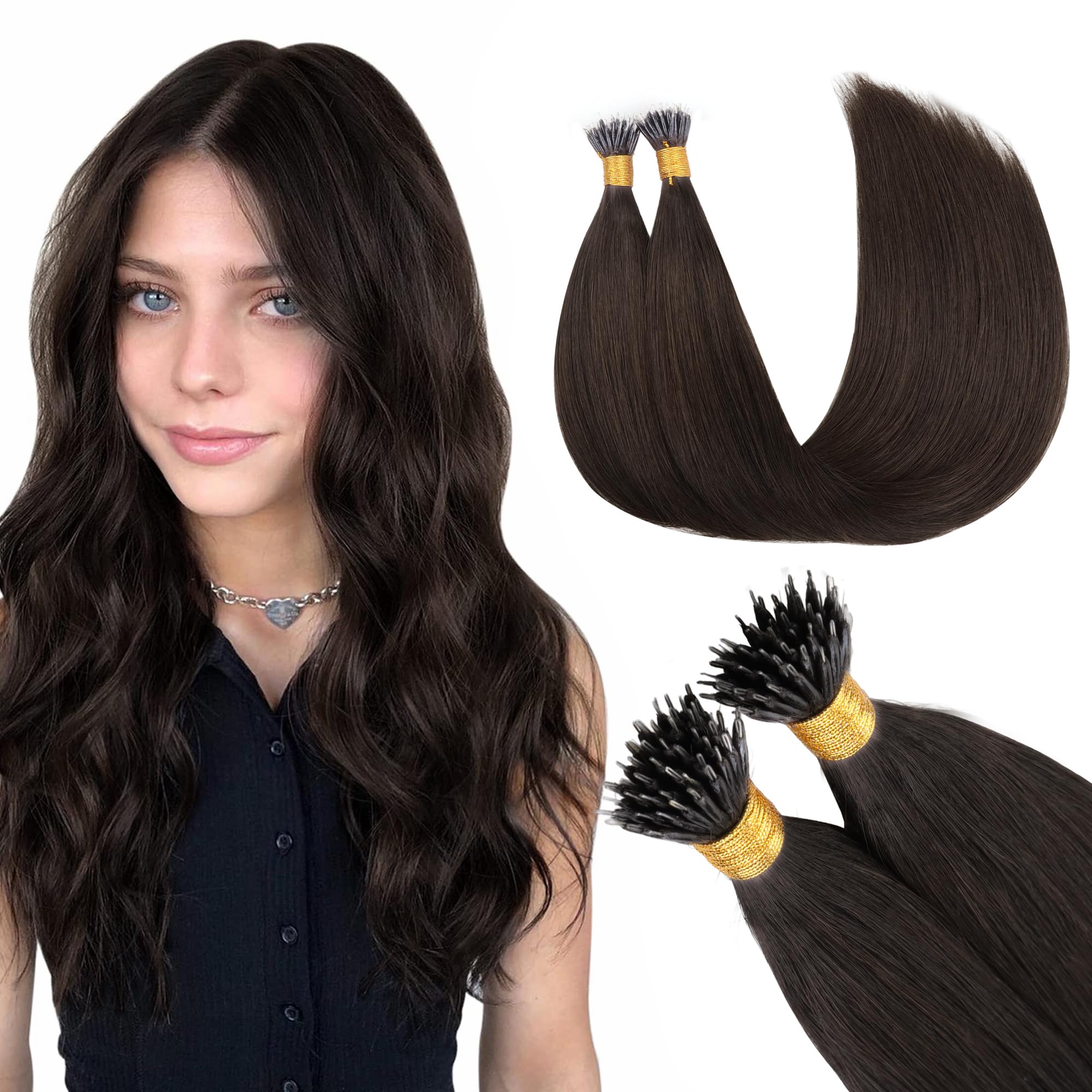 GOO GOO Nano Hair Extensions Real Human Hair, Nano Beads Hair Extensions, Light Brown 50g 14inch 100 Strands Cold Fusion Nano Rings Extensions