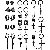 Florideco 22Pcs Stainless Steel Fake Earrings for Men Women Cross Chain Pendant Earring Non-Piercing Huggie Hoop Earrings Set Clip On Earrings for Men Black Fake Earrings
