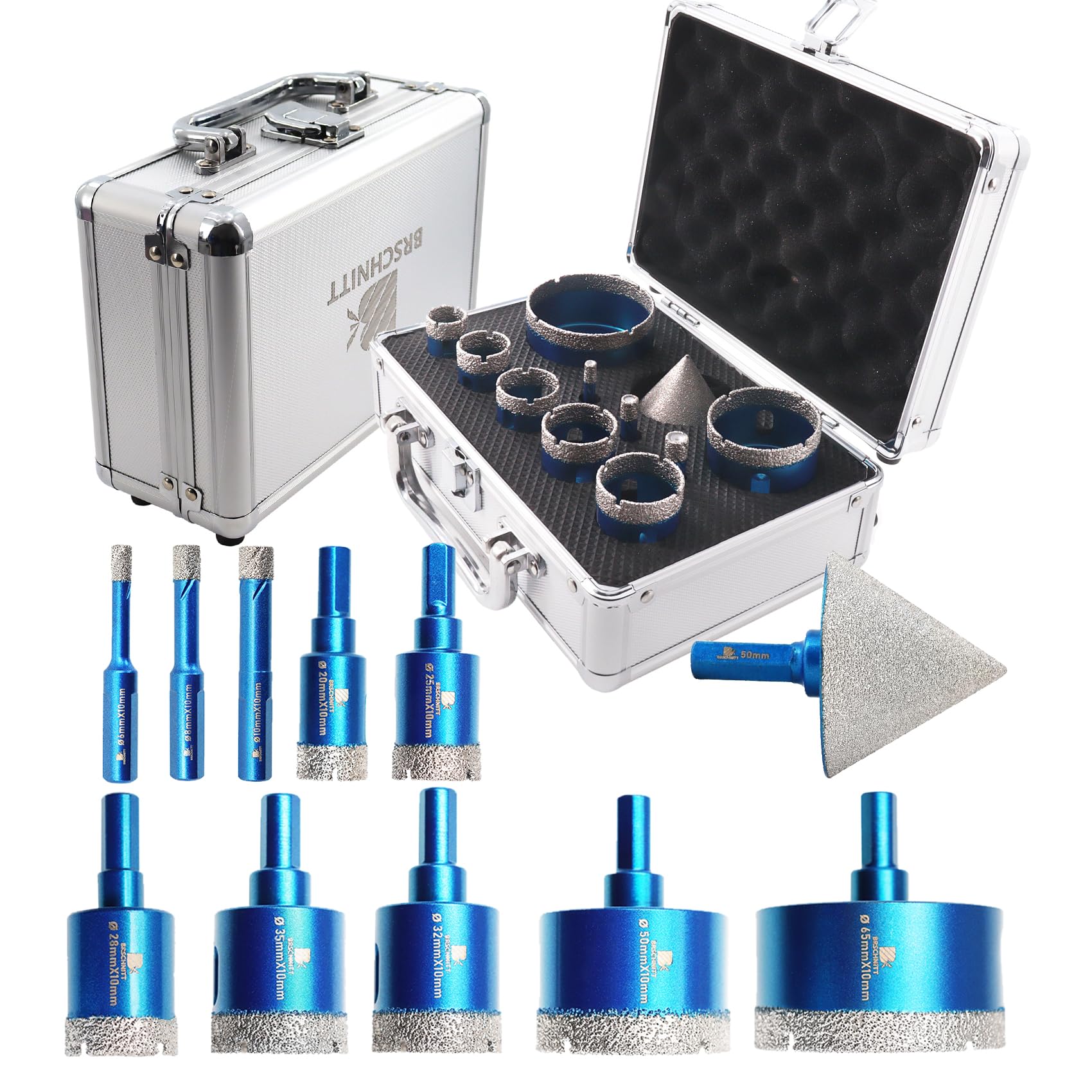 BRSCHNITT Diamond Core Drill Bit Set - 11pcs Diamond Hole Saw Kit for Porcelain Tile, Ceramic, Marble Drilling (6/8/10/20/25/28/32/35/50/65mm bits & 50mm chamfer bit) — image 1