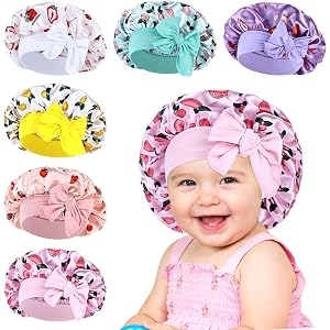 Cinaci 6 Pack Satin Nightcaps Sleep Hats with Elastic Tie Band for Curly Long Hair Protector for Baby Girls Toddlers Kids