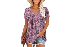 Mystry Zone Womens Henley V Neck Casual Blouse Button Down T Shirts Flare and Flowy Tops