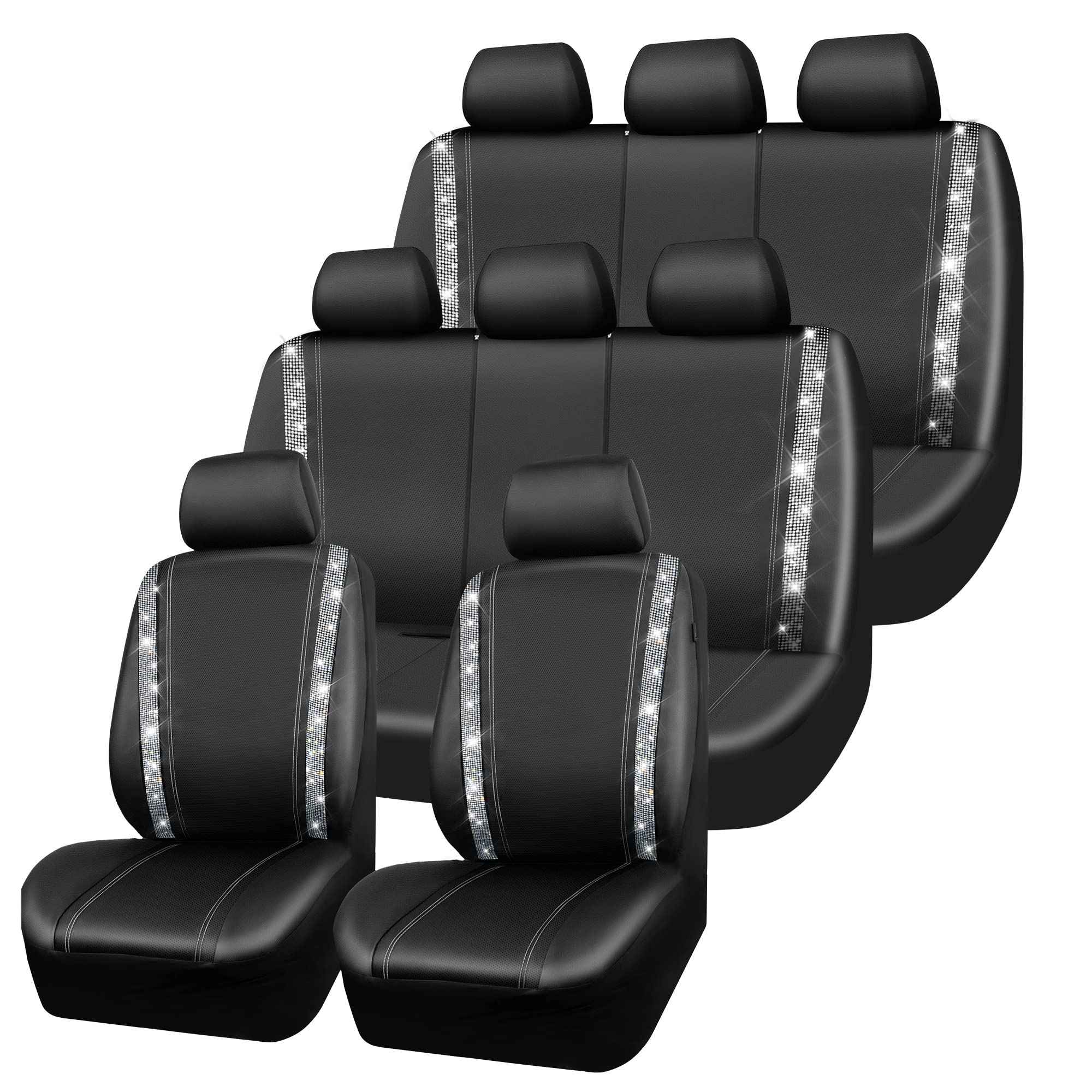 Photo 1 of CAR PASS Bling Diamond Car Seat Covers, Shining Rhinestones Waterproof Faux Leather, 8 Seats 3 Rows with Zipper Glitter Crystal Sparkle Strips Universal Fit 95% MPV,SUV,CAR for Women Girl, Silver