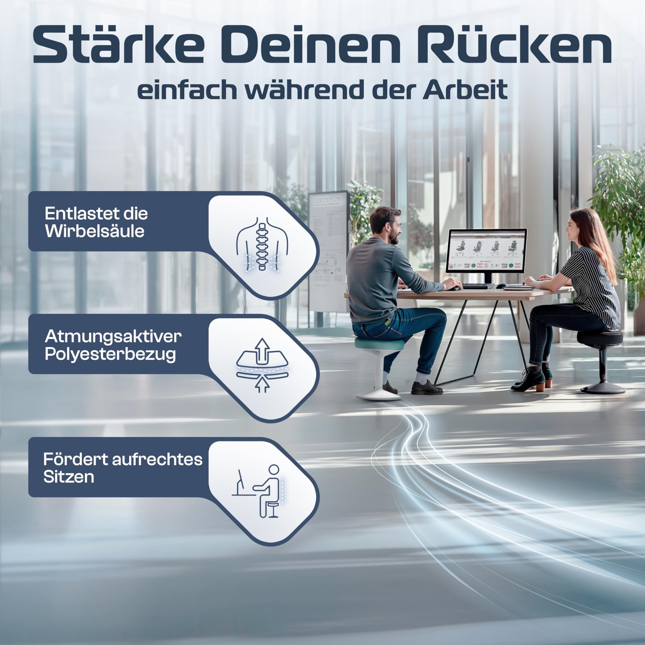 CLOUVOU Nexus Bürohocker ergonomisch [ORIGINAL] Stehhocker höhenverstellbar von 57cm bis 82cm - Ergonomischer Hocker Büro - Wackelhocker zur Stärkung des Rückens - Ergonomische Stehhilfe Büro 5