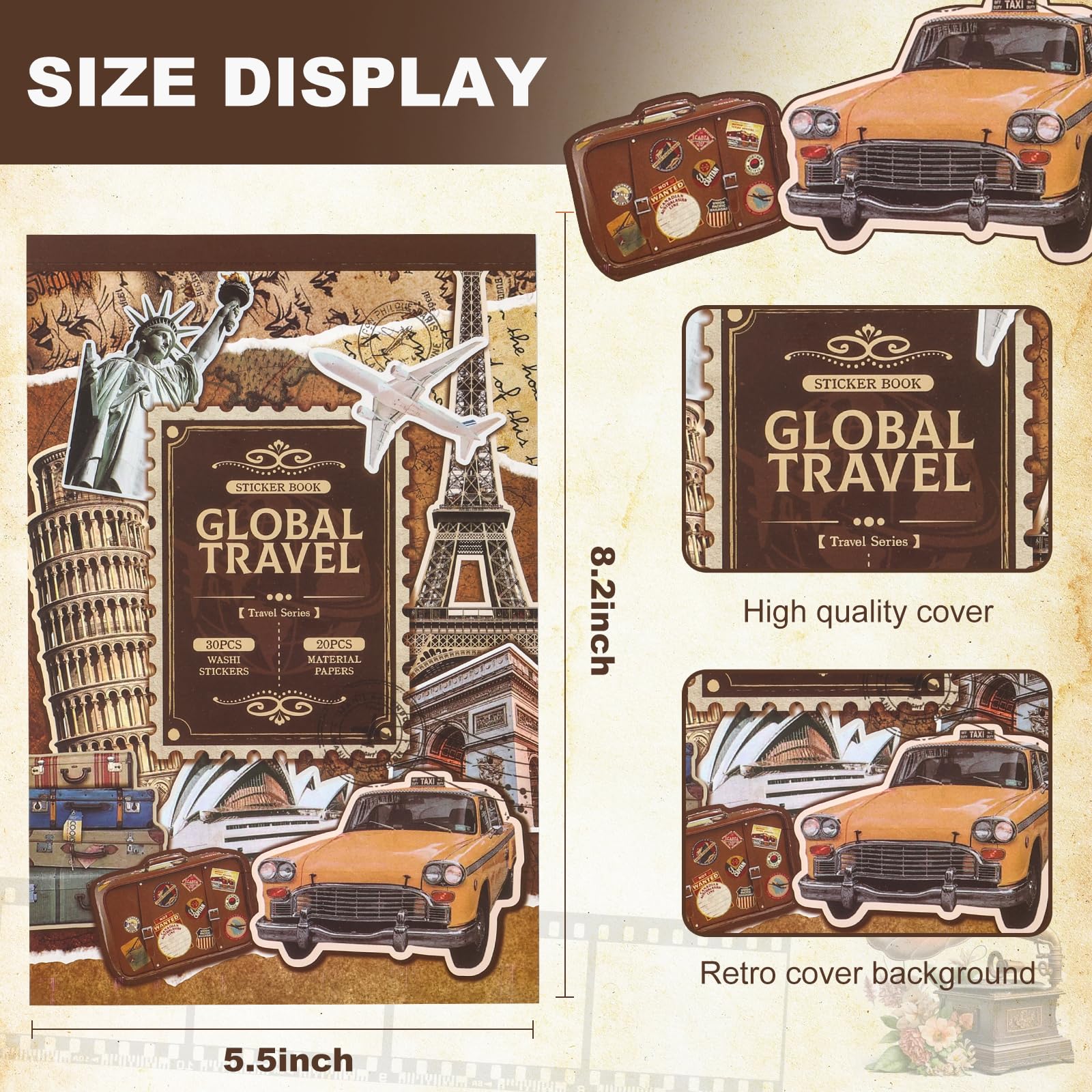 Scrapbook Stickers - 300 Pre-Cut Washi Stickers & 20 Scrapbook Papers for Travel Journaling