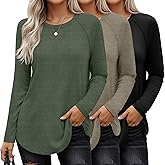 Ficerd 3 Pack Women's Long Sleeve T-Shirts Crew Neck Raglan Sleeve Casual Loose Fit Shirts Side Split Curved Hem Tunic Tops