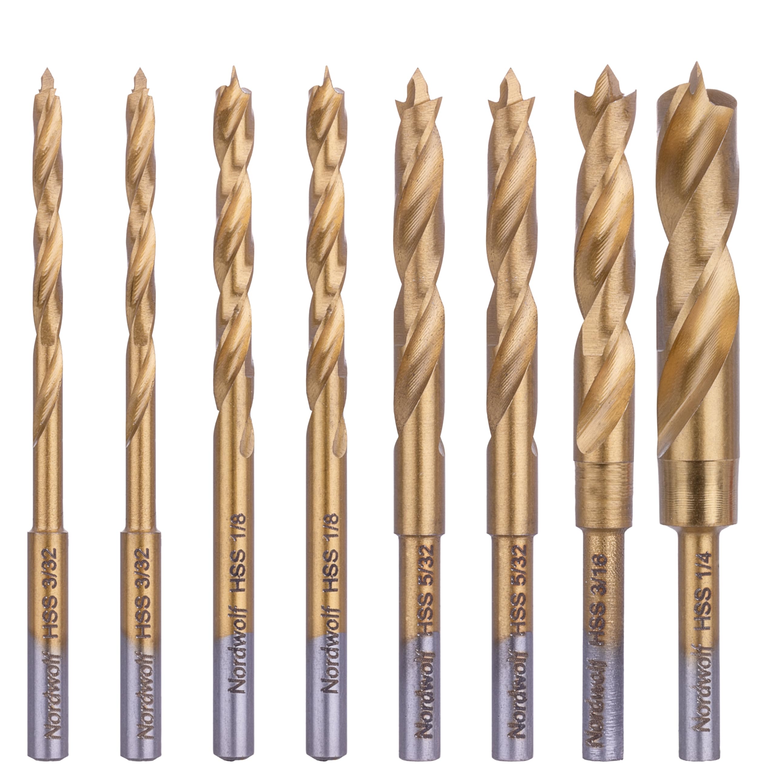NordWolf 8-Piece HSS M2 Brad Point Wood Drill Bit Set, Titanium Nitride Coating with 1/8" (3.2mm) Shank for Rotary Tools & Flex Shafts, SAE Sizes 3/32"-1/8"-5/32"-3/16"-1/4" in Storage Case