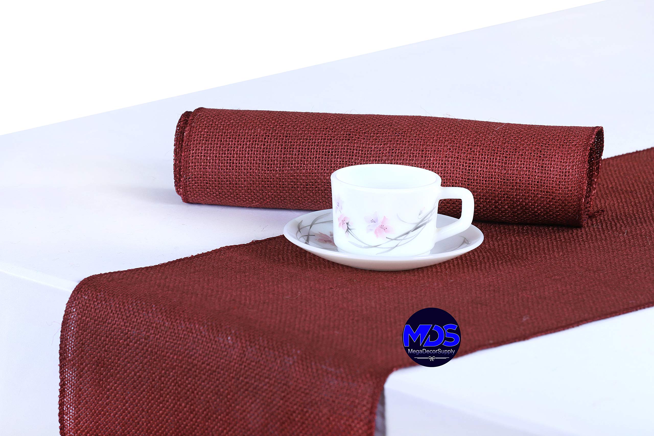 MDS 5 PCS 100% Natural Burlap Table Runners 12 x 108 Inch, Rustic Farmhouse Jute Country Vintage Boho Jute Burlap Roll for Wedding Home Indoor Outdoor Party Dinning Table Decoration - Maroon Image