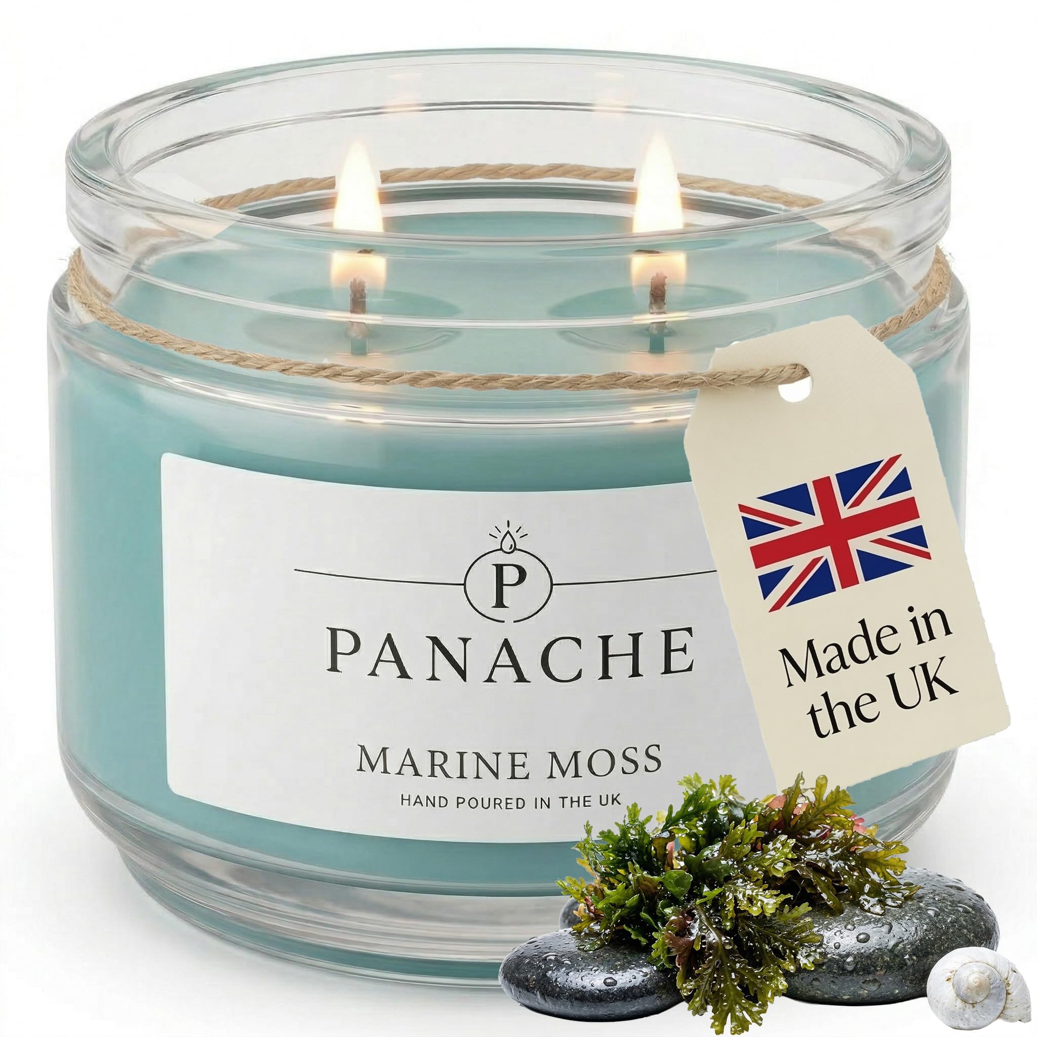 Panache Marine Moss Scented Candle – Double Wick Soy Wax Candle, 48 Hour Burn Time, Hand Poured in UK, Clean Burning Cotton Wicks, Luxury Glass Jar Candle for Home Fragrance & Gifts (320g)