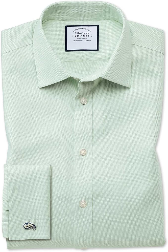 Charles Tyrwhitt Classic Fit NonIron Step Weave Green Cotton Formal