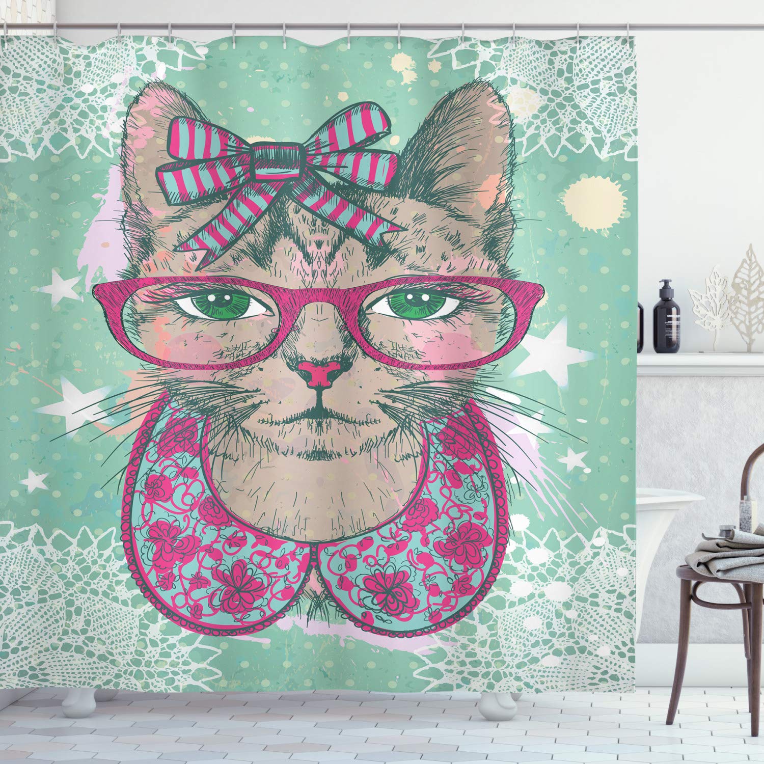 ABAKUHAUS Cat Shower Curtain, Fashion Cat in Hipster Glasses and Lace Collarette Bow Vintage Humorous Graphic, Cloth Fabric Bathroom Decor Set with Hooks, 78 Inches, Pink Mint Green